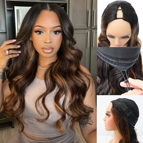 V Part Wig Human Hair Wave Wig Upgradae Wigs Human Hair V Part Half Wigs for Black Women No Glueless No Leave Out Beginner Friendly 180% Density #1B/30 (24inch)