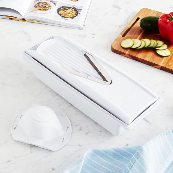 V-Prep Mandoline Slicer Set with Multi-Function Bowl - Versatile Kitchen Tool for Julienne Shred Cube Slice - Includes Safety Holder & Interchangeable Blades - White