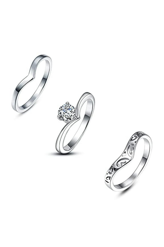 V Shape Cubic Zirconia Eternity Band Stacking Stainless Steel Women's Ring Three-Piece Set