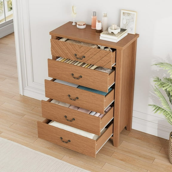 V-Shape Design 5-Drawer Dresser, Brown Wooden Storage Organizer for Bedroom, Living Room, Nursery & Entryway