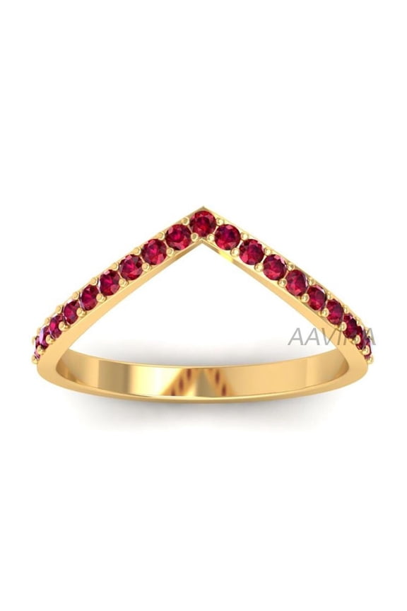V Shape Ruby Chevron Wedding Band, Round Ruby Anniversary Ring, Gemstone Curved Half Eternity Ring