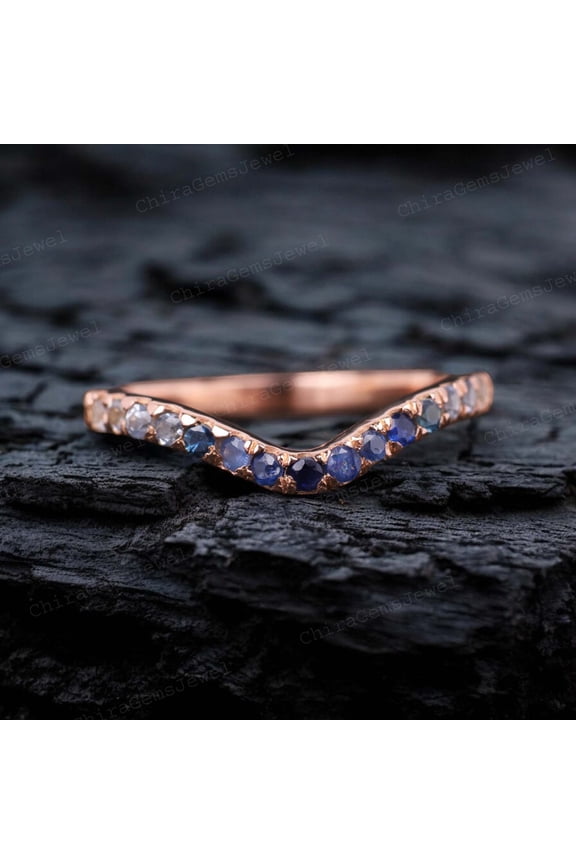 V Shape Shappire Wedding Band Rose Gold Plated Half Eternity band September Birthstone Art deco Stacking Band Fashionable Birthday Gift For Daughter