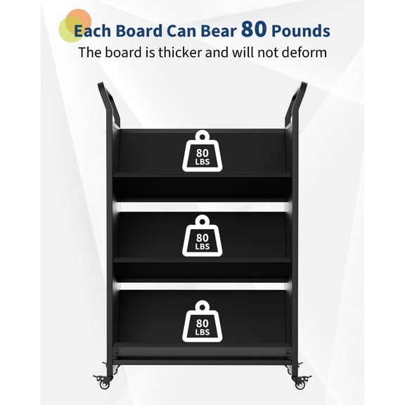 V-Shaped 3-Tier Metal Rolling Book Cart – Heavy-Duty Mobile Bookshelf with 4 Lockable Wheels & Side Hooks – Library, Home, Office, or School Storage Organizer