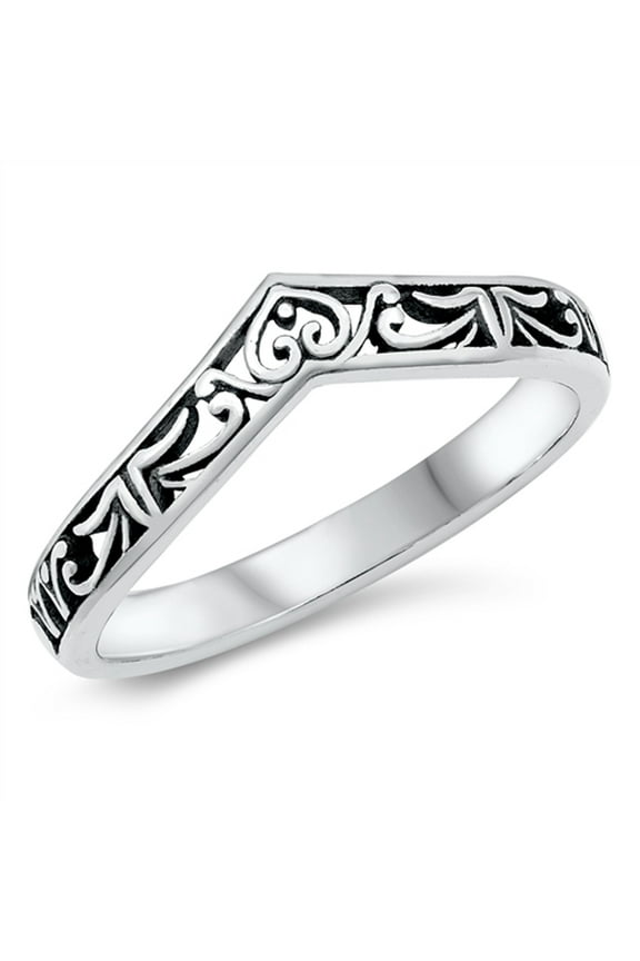 V Shaped Filigree Swirl Chevron Ring .925 Sterling Silver Band Jewelry Female Male Unisex Size 5
