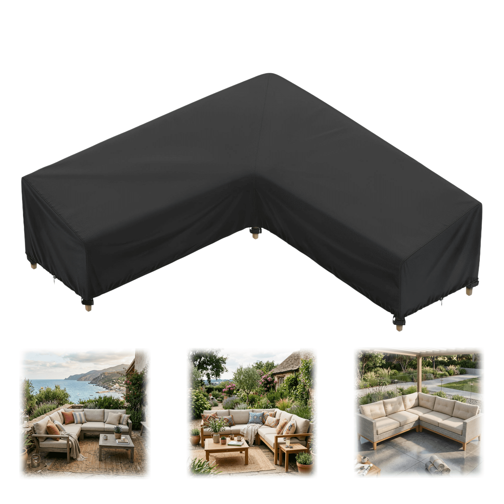 Seralis Outdoor Sectional Cover 100"x100" Black V-Shaped Patio Sofa Cover 420D Heavy Duty Waterproof