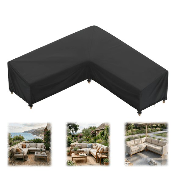 Seralis Outdoor Sectional Cover 105"x105" Black V-Shaped Patio Sofa Cover 420D Heavy Duty Waterproof