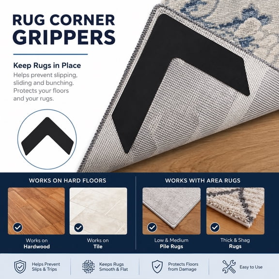 V-Shaped Rug Corner Grippers, Low-Profile Anti-Curl Rug Holders for Area Rugs, Runners and Mats on Hardwood, Tile and Laminate Floors