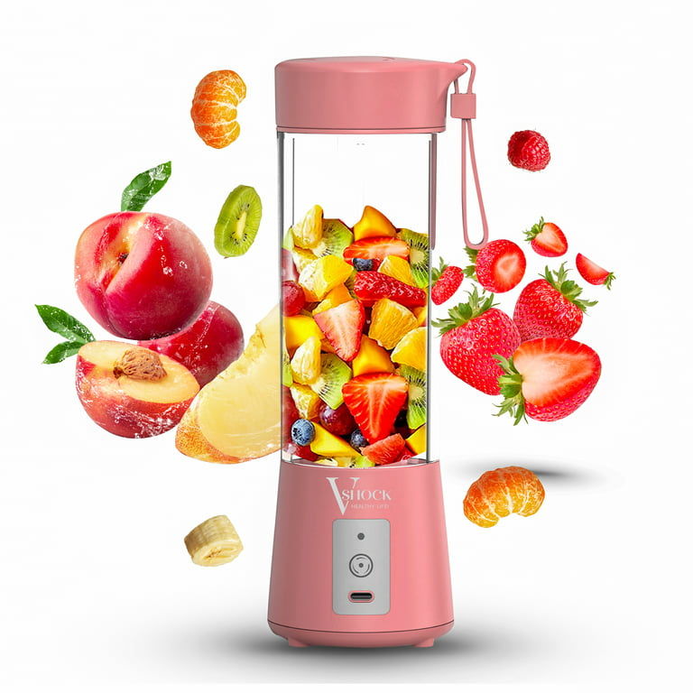 V-Shock. Healthy Life! Mini Cordless Portable Personal Blender for Shakes  and Smoothies, USB Rechargeable, 16 oz. Jar with Leakproof Travel Lid, 6  Stainless Steel Blades - Pink 