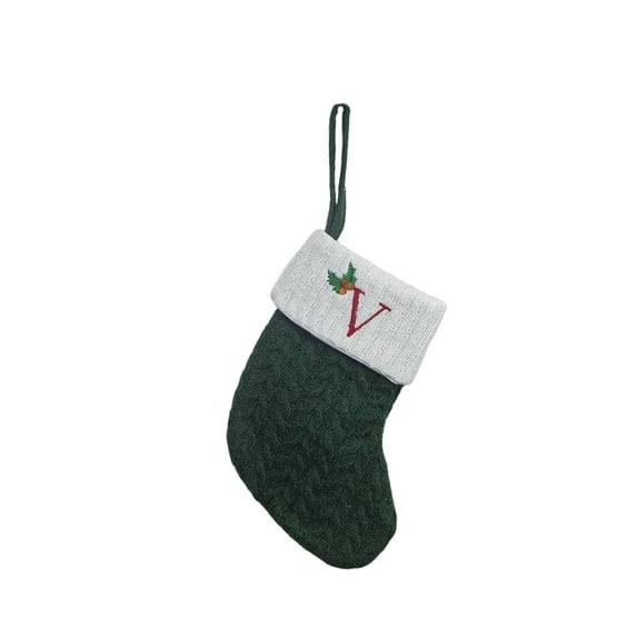 V Small Knit Alphabet Stocking For Tree Decoration Embroidered Design Polyester