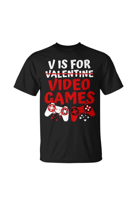 V Is for Video Games Valentine's Day Gamer Graphic Cotton Tee Men Adult Casual Gaming Enthusiast Comfortable T-Shirt for Everyday Wear, Size 5XL, Color Black