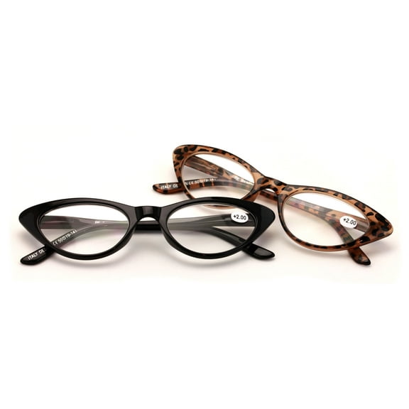 V.W.E. 2 Pairs Deluxe Female Cateye Vintage Reading Glasses Women Readers - Clear Lens +1.25