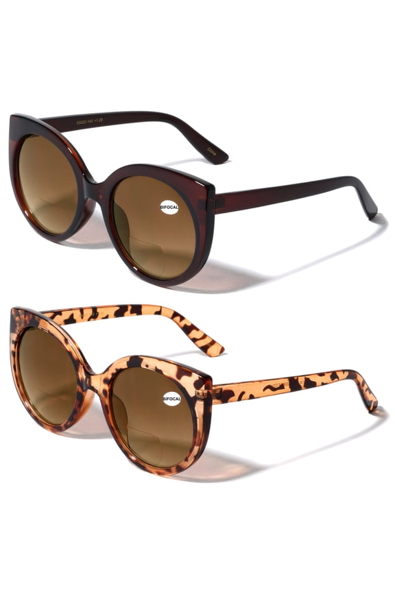 2 Pairs Women Bifocal Reading Sunglasses Reader Glasses Round Cateye Vintage - Large Gradient Lens +1.25