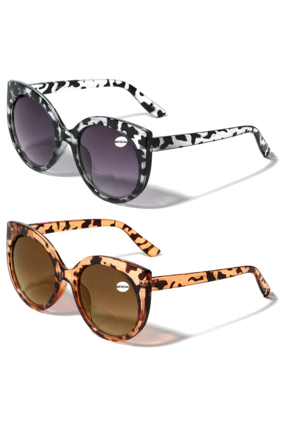 2 Pairs Women Bifocal Reading Sunglasses Reader Glasses Round Cateye Vintage - Large Gradient Lens +2.50