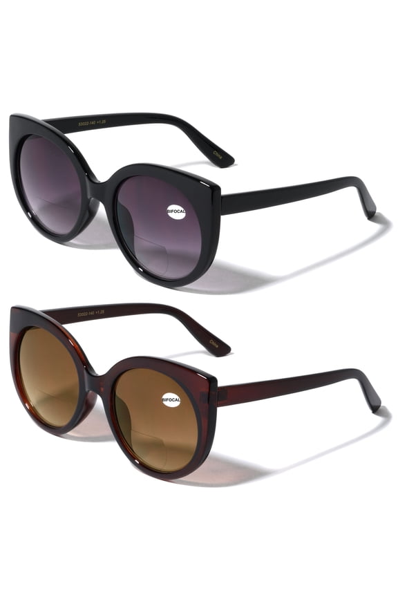 2 Pairs Women Bifocal Reading Sunglasses Reader Glasses Round Cateye Vintage - Large Gradient Lens