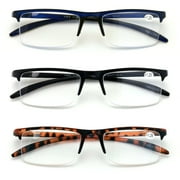 V.W.E. 3 Pairs Half Rim Rectangular Readers With Spring Hinge - Extended Temple Reading Glasses +3.00