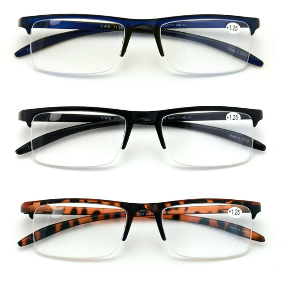 V.W.E. 3 Pairs Half Rim Rectangular Readers With Spring Hinge - Extended Temple Reading Glasses +3.00