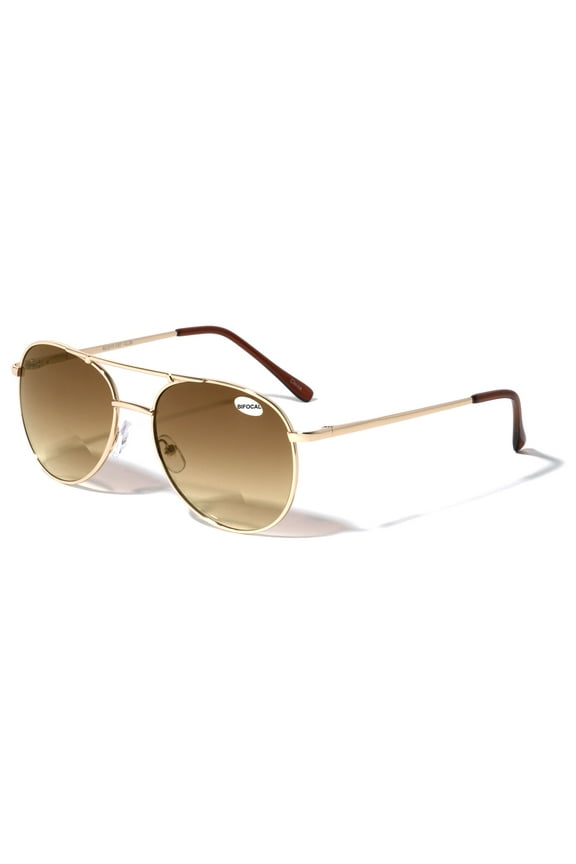 Classic Metal Tear Drop Reading Sunglasses - Integrated Bifocal - Outdoor Unisex Readers Gold Brown +2.50