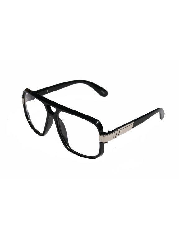 V.W.E. Classic Square Frame Plastic Flat Top Aviator Glasses /w Metal Trimming and Clear Lens