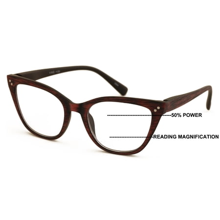 V.W.E. Progressive Multifocus Cat-eye Reading Glasses – Tri-Focal Clear Reader - Wood Grain Printed 7028 +1.25