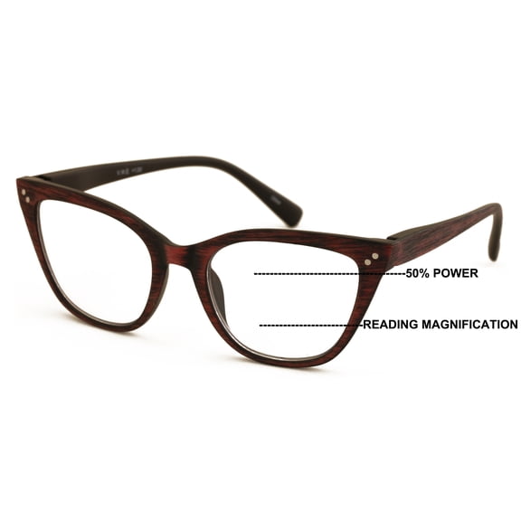 V.W.E. Progressive Multifocus Cat-eye Reading Glasses – Tri-Focal Clear Reader - Wood Grain Printed 7028 +2.50