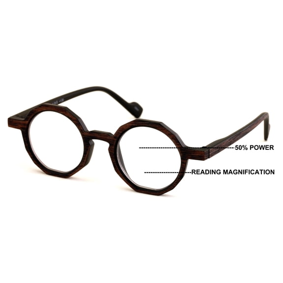 V.W.E. Progressive Multifocus Decagon Round Reading Glasses – Tri-Focal Clear Reader - Wood Grain Printed 7026 +1.50