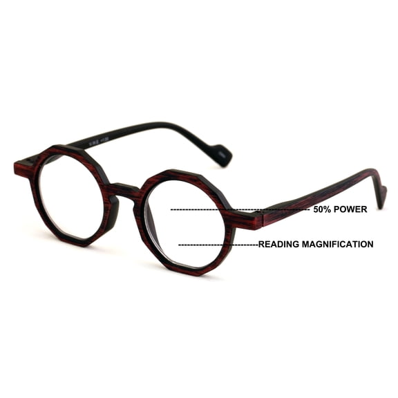 V.W.E. Progressive Multifocus Decagon Round Reading Glasses – Tri-Focal Clear Reader - Wood Grain Printed 7026 +3.50