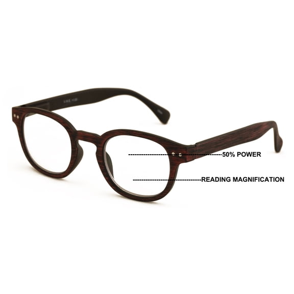 V.W.E. Progressive Multifocus Round Reading Glasses – Tri-Focal Clear Reader - Wood Grain Printed 7027 +1.50