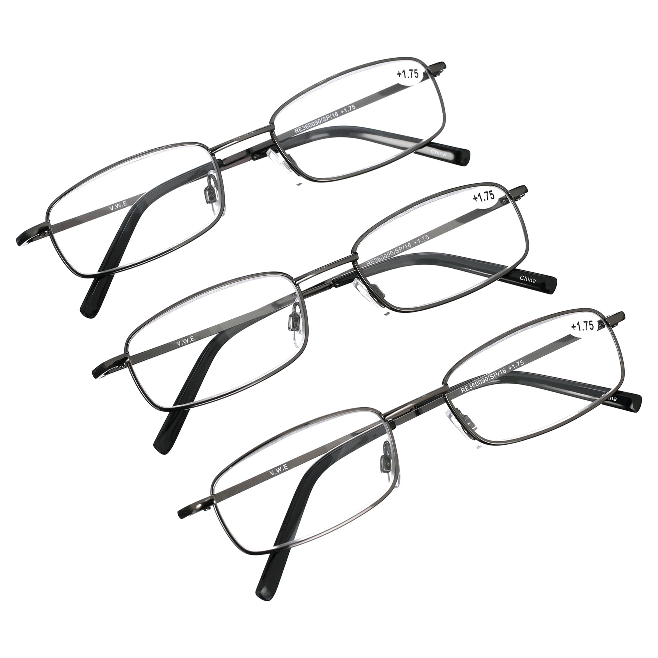 V W E Readers 3 Pack Of Thin Slim Rectangular Metal Aviator Reading Glasses With Spring Hinge