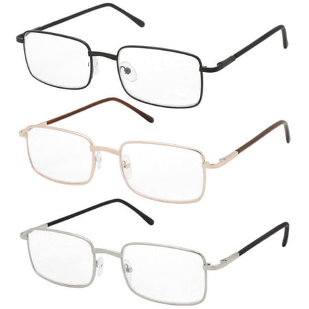 V.W.E. Rectangular Metal Reading Glasses - 3 Pairs Spring Hinge Lightweight Unisex Readers +3.75 Assorted