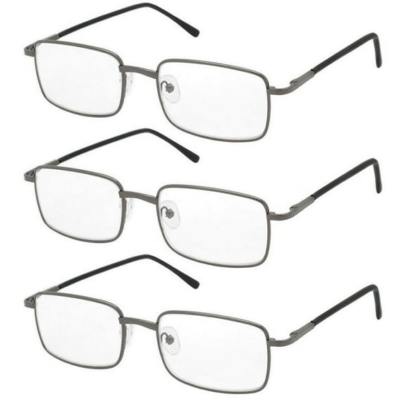 V.W.E. Rectangular Metal Reading Glasses - 3 Pairs Spring Hinge Lightweight Unisex Readers Gunmteal +2.50