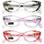 V.W.E. Translucent Clear Floral Pattern Womens Cat Eye Reading Glasses, 3 Pair