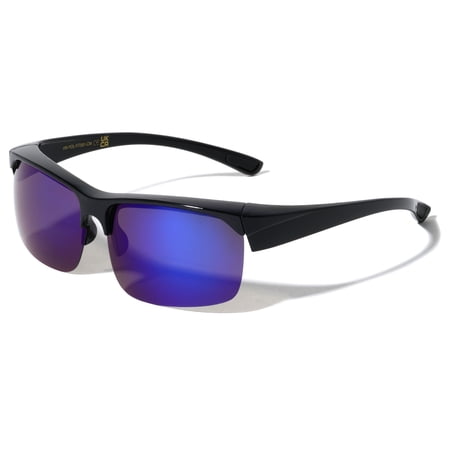 V.W.E. UV Protection Polarized Unisex Half Rim Mirror Fit Over Sport Sunglasses, Black/Blue