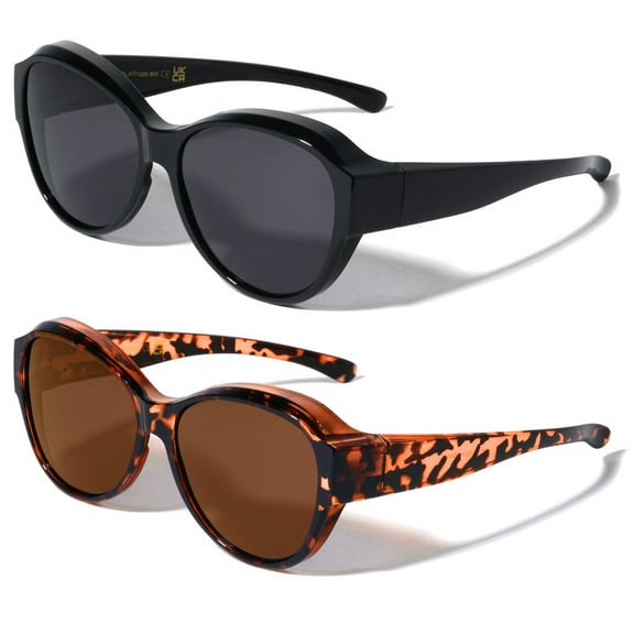 V.W.E. UV Protection Polarized Women's Large Round Fit over Sunglasses, Black/Tortoise, 2-Pack