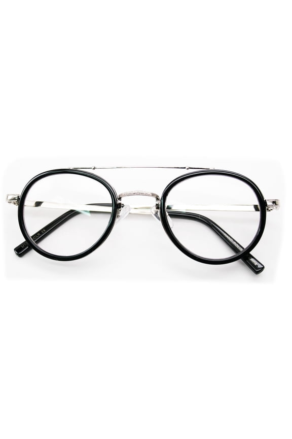V.W.E. Vintage Inspired Metal Bridge and Temple - Clip-On Look Clear Lens Round Eye Glasses
