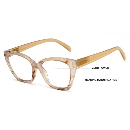 V.W.E. Women Cateye Progressive Clear Lens Reader - Zero Power On top - Translucent Pastel Reading Glasses +1.25