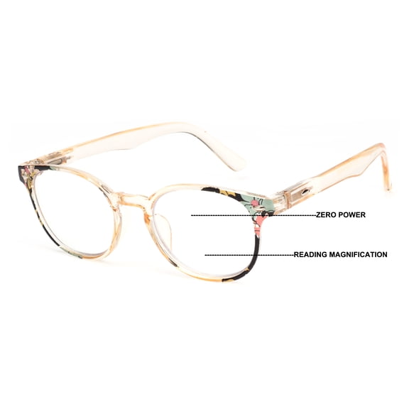 V.W.E. Women Round Translucent Floral Progressive Reading Glasses - Clear on Top - AR coating Z124 +1.50