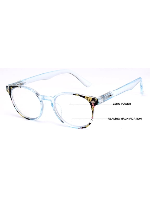 Women Round Translucent Floral Progressive Reading Glasses - Clear on Top - AR coating Z124 +3.25