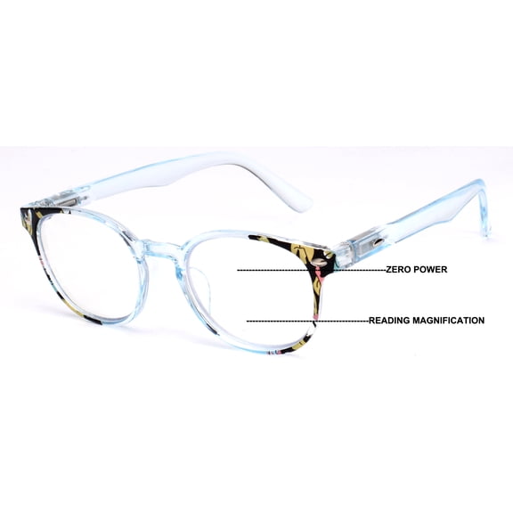 V.W.E. Women Round Translucent Floral Progressive Reading Glasses - Clear on Top - AR coating Z124 +3.25