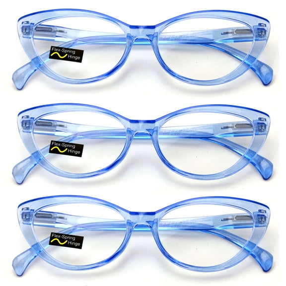 V.W.E. Womens Cat Eye Reading Glasses, Clear Blue, 3 Pair