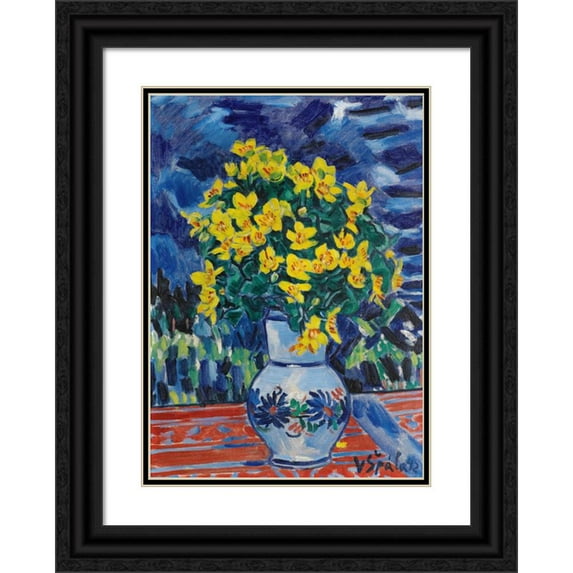 Václav Špála 14x18 Black Ornate Wood Framed Double Matted Museum Art Print Titled - Bouquet of Flowers in a Blue Vase (1942)