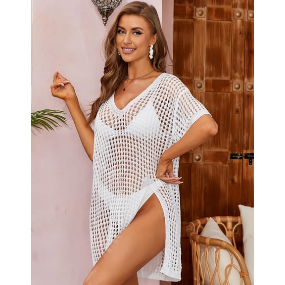 V for city Womens Beach Cover-ups Short Sleeve Crochet Top Side Split Hollow Out Mesh Bathing Suit Cover Ups Dress Swimwear S-XL