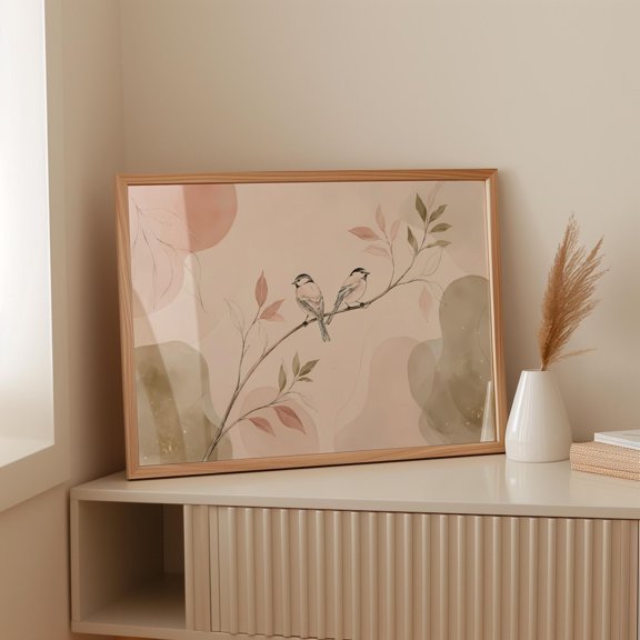 Vögel Auf Zweig Poster Japanische Kunst Wandbild Chinoiserie Deko Terracotta , Poster Print Only