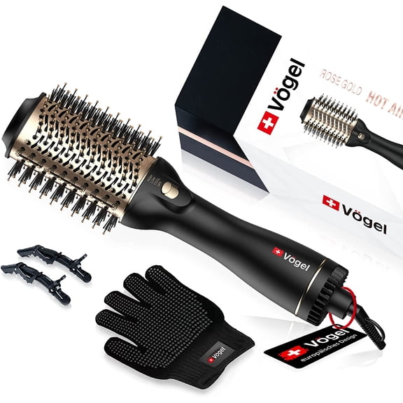 Vgel Nano Titanium Hot Air Brush & Hair Dryer - One Step Volumizer,Professional Blowout for Style and Dry,Incl Clips, Gloves,Gold