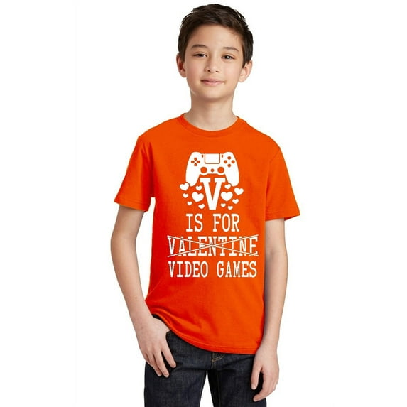 V is For Video Games Funny Gamer Youth T-shirt, Youth XL, Orange
