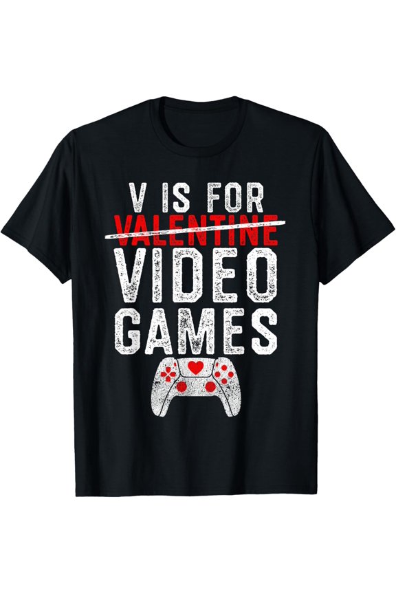 V is for Video Games Valentines Day Gamer Men Boys Gift T-Shirt