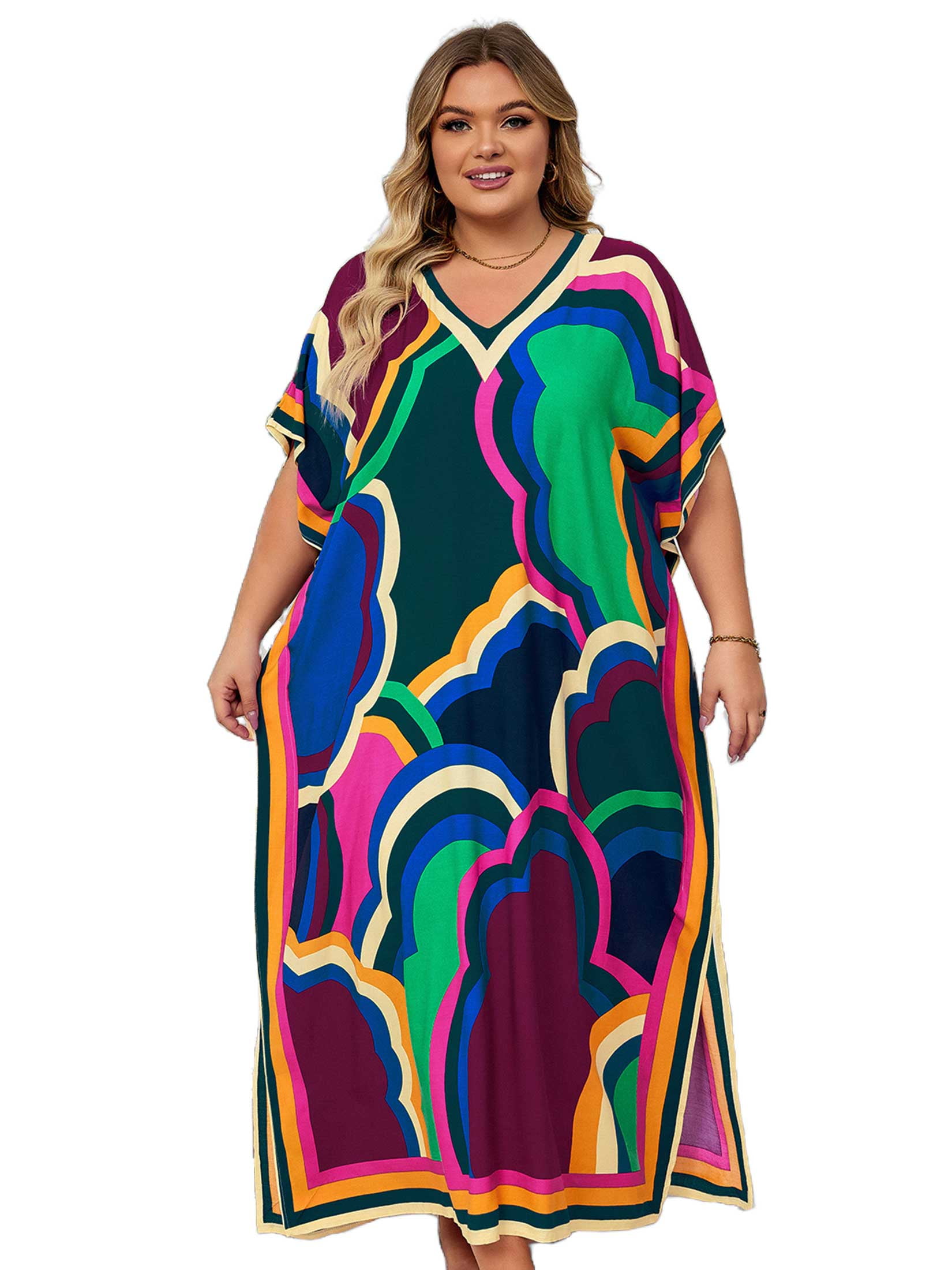 Striped Polyester Women Plus Size Caftan Dress for Beach Poolside