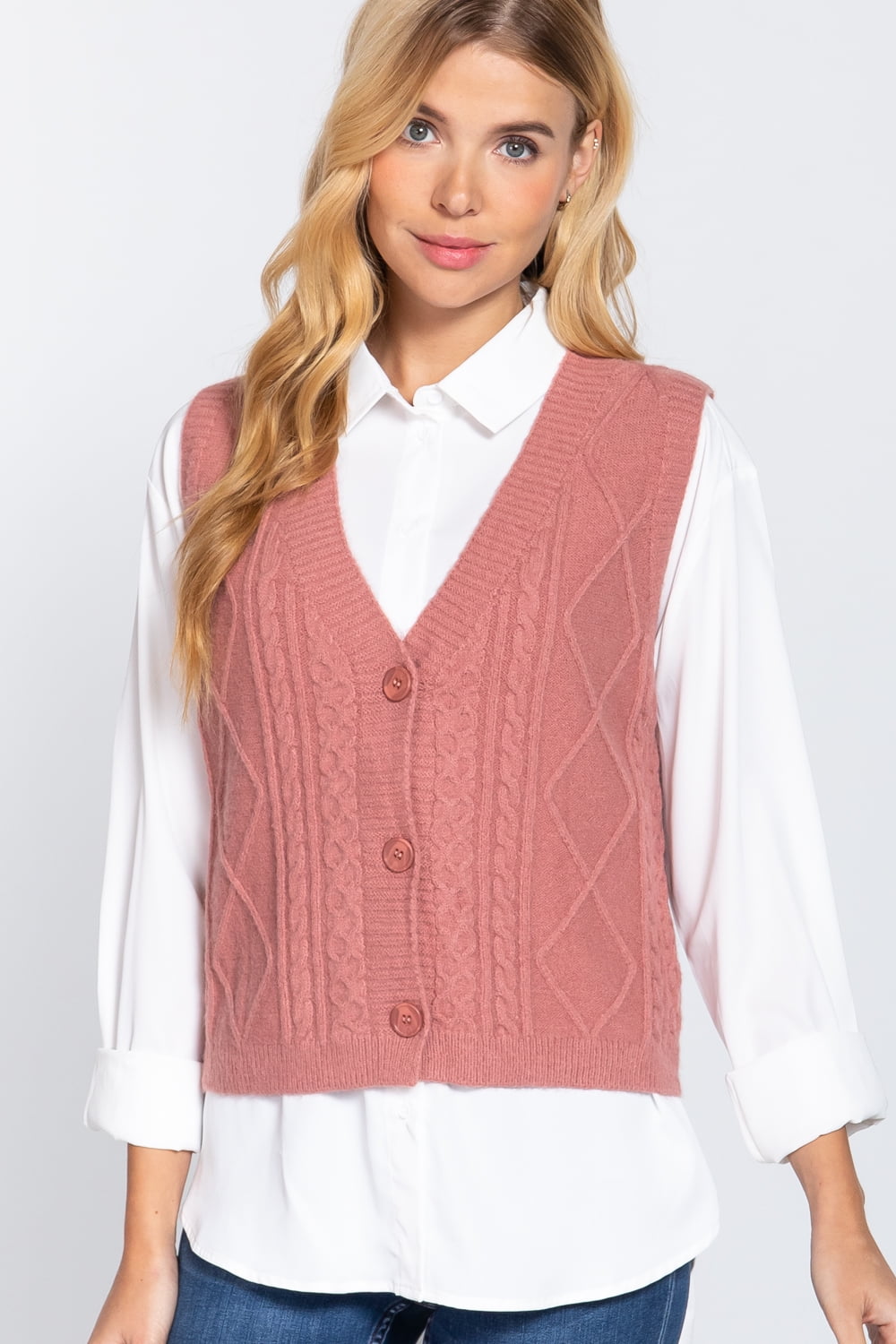 Vneck Cable Sweater Vest Cardigan Pink M