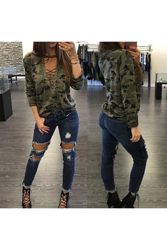 V-neck Camouflage Print Long Sleeves Blouse