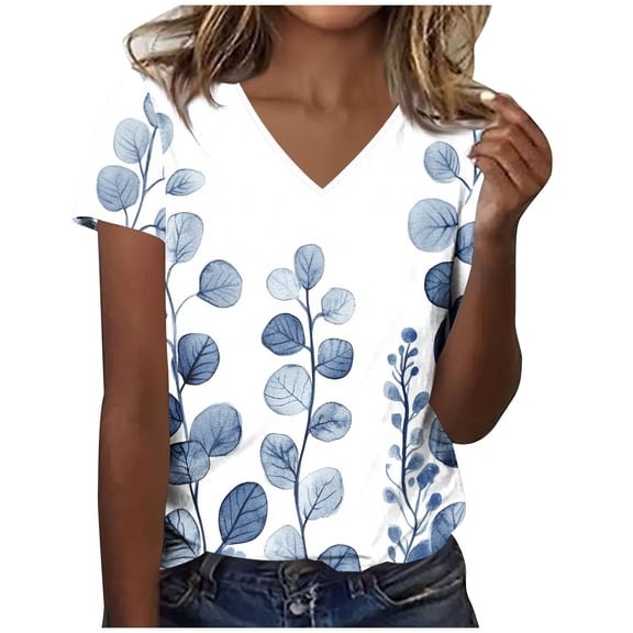 V-neck Casual Printed Summer T-shirt for Women 2025 Short Sleeve Baggy Pullover Tops Comfy Flowy Resort Outfits