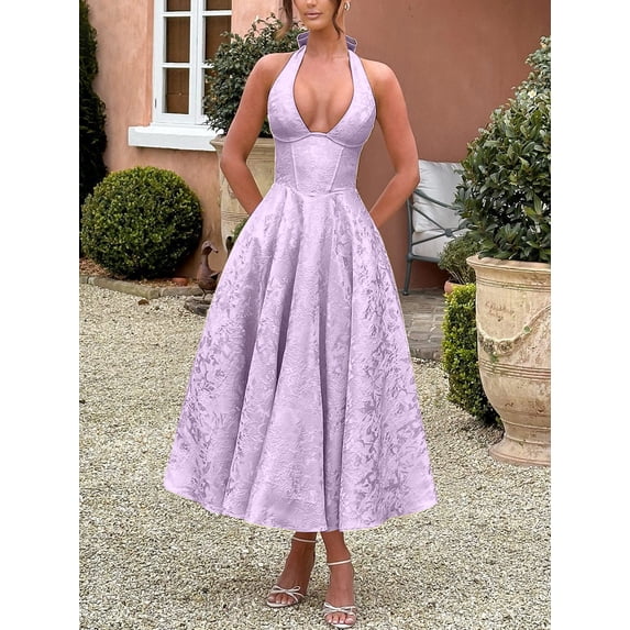 V-neck Halter Jacquard Dress, High-end Evening Gown, Sleeveless Backless Waist-cinched Long Skirt with Elegant Temperament for Spring and Summer